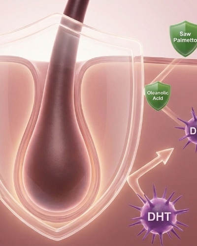 saw palmetto and oleanolic acid blocking DHT to reduce hair thinning and support hair regrowth