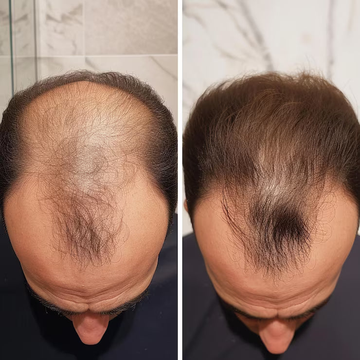 real customer hair regrowth results showing thicker hair and reduced hair loss over time