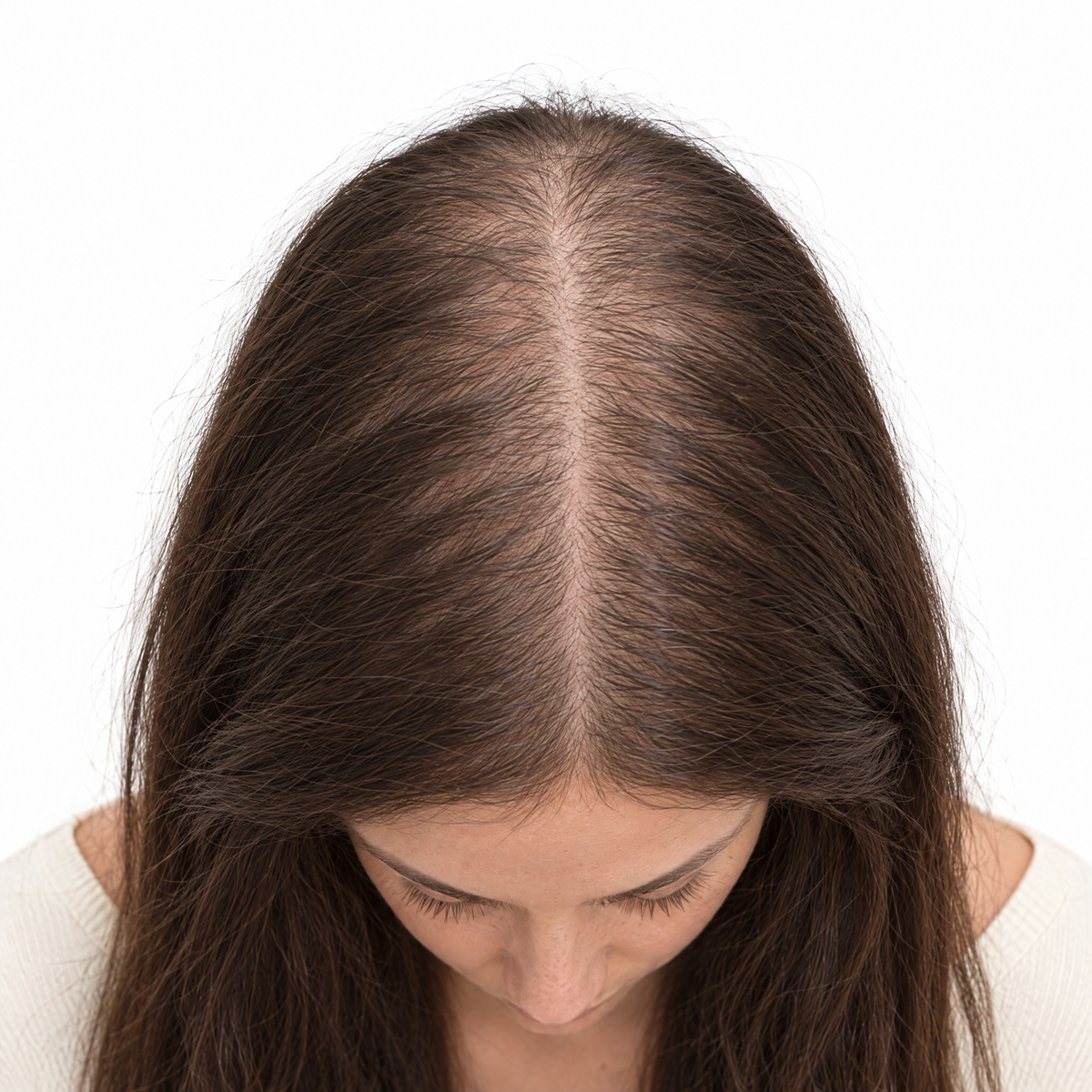 Before using VYA - thinning hair, visible scalp along the parting